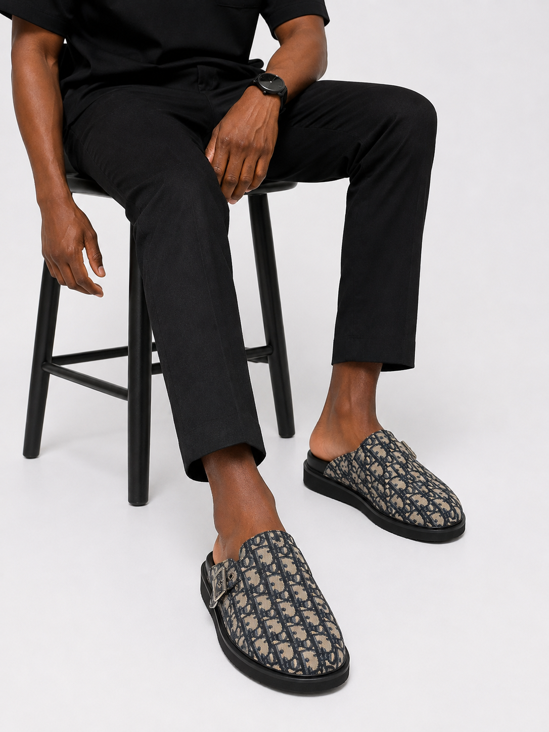 Mule Aqua en Toile Jacquard Oblique Noir & Beige