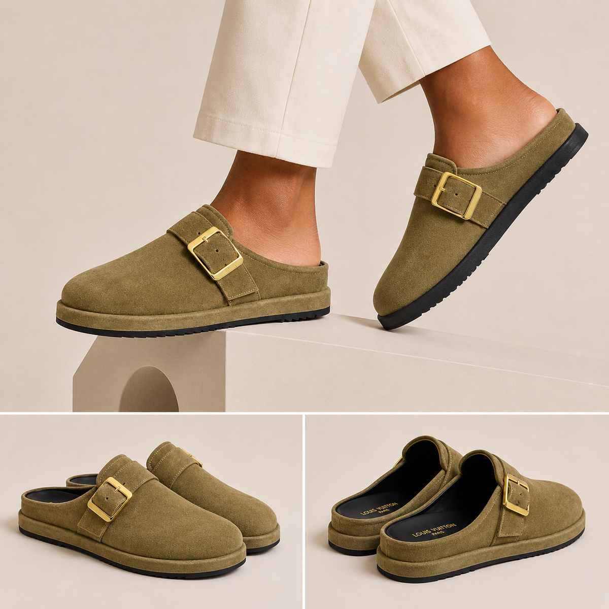 Babouche LV daim vert olive