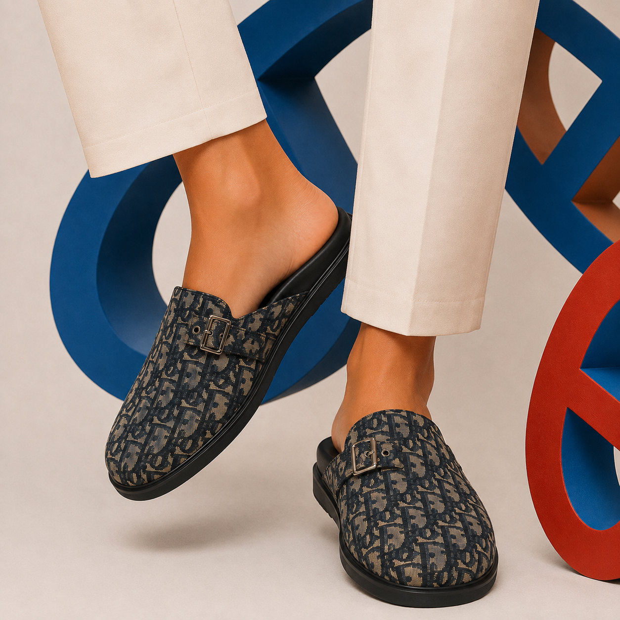 Mule Aqua en Toile Jacquard Oblique Noir & Beige