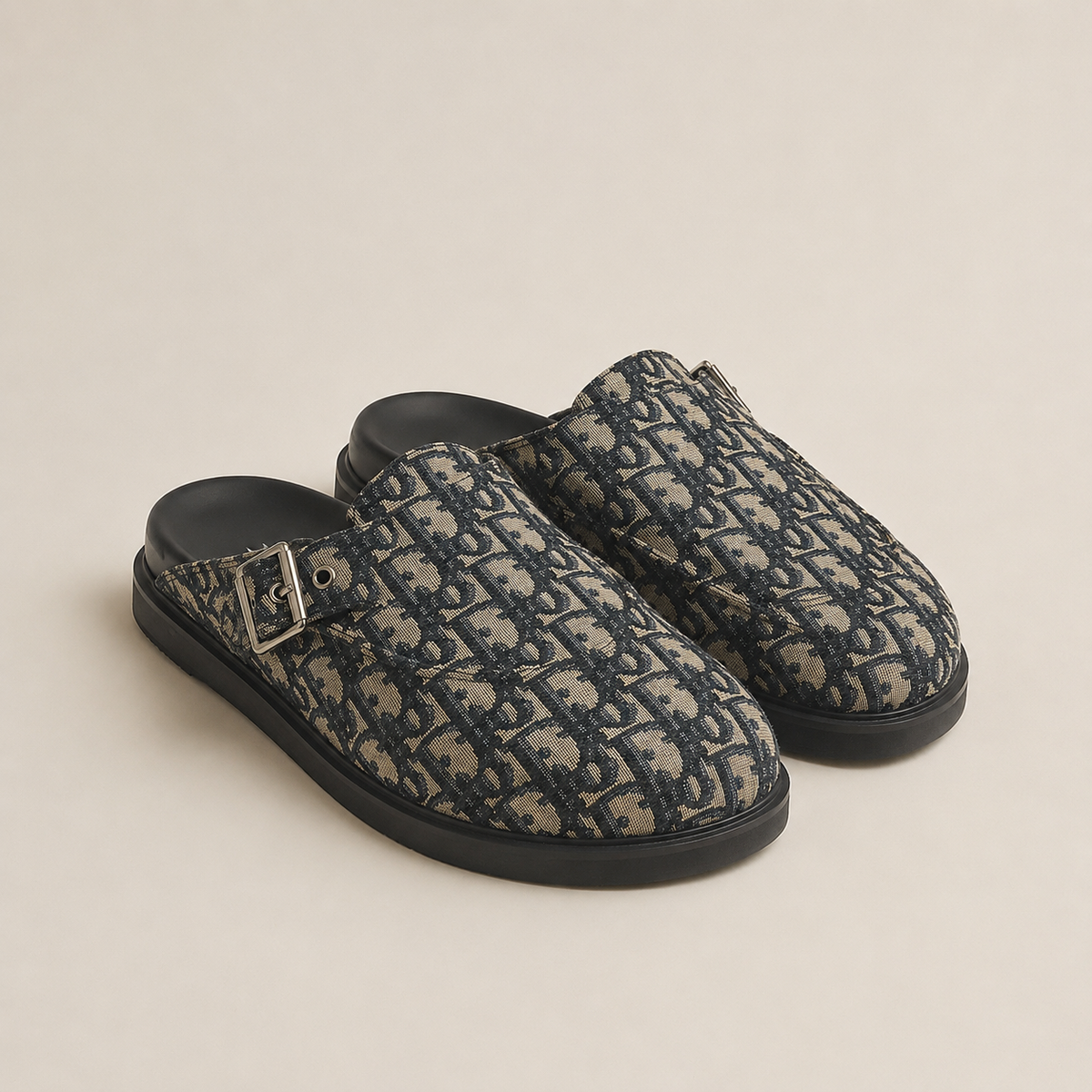 Mule Aqua en Toile Jacquard Oblique Noir & Beige