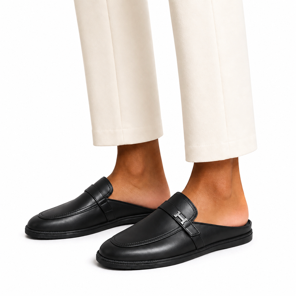 Babouche H en cuir Noir