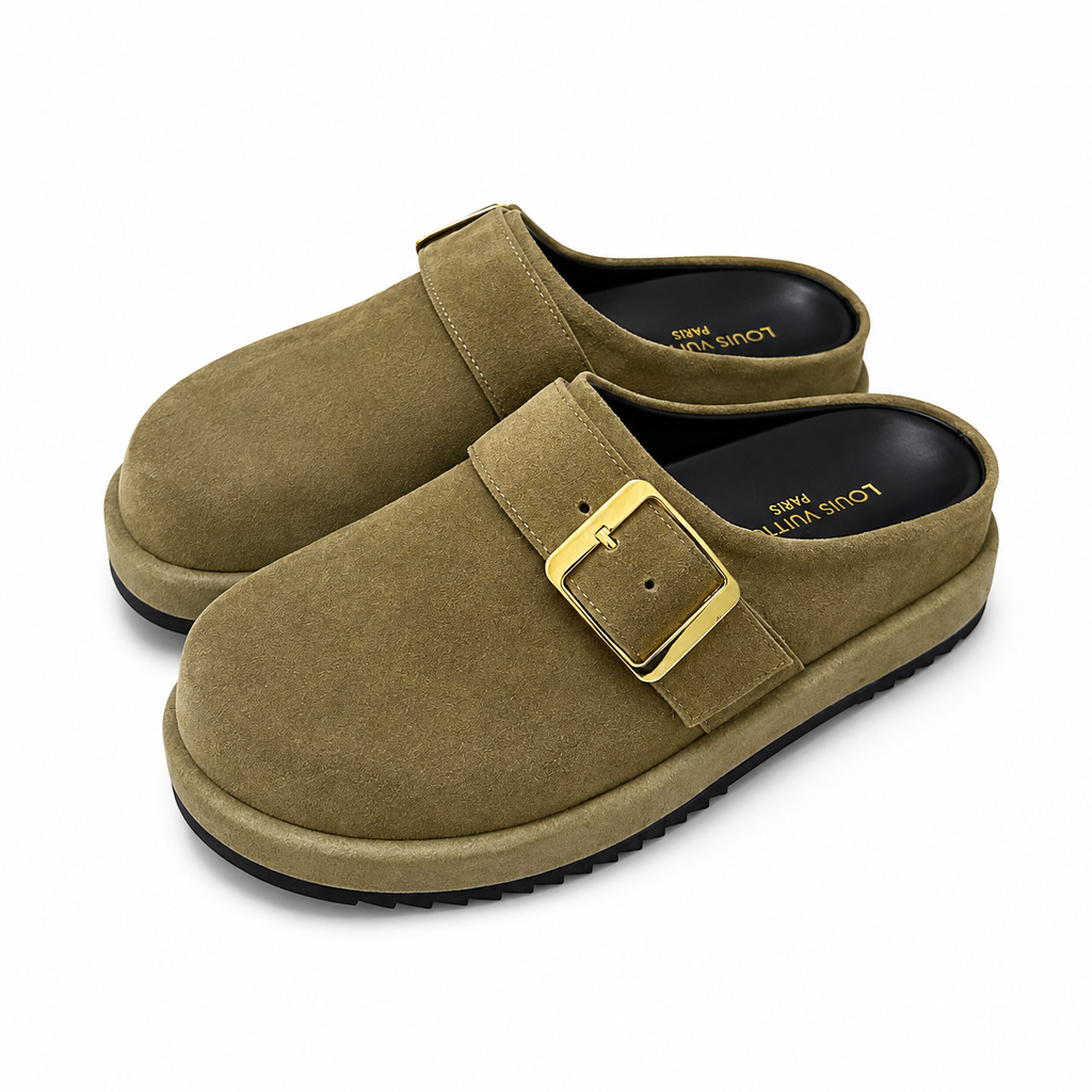 Babouche LV daim vert olive