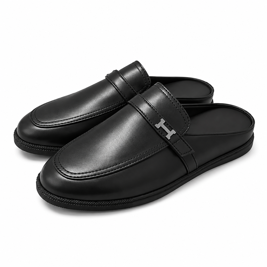 Babouche H en cuir Noir