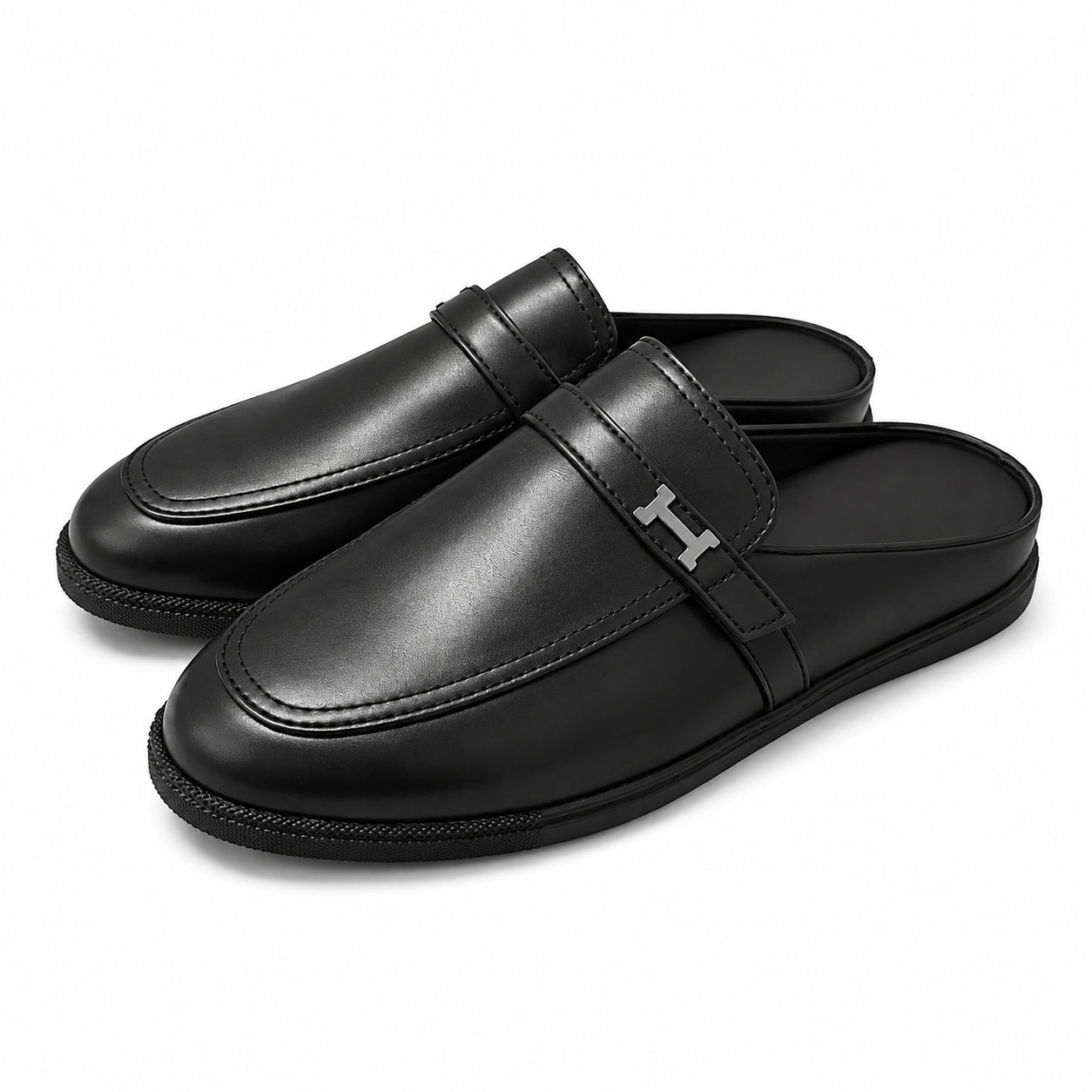 Babouche H en cuir Noir