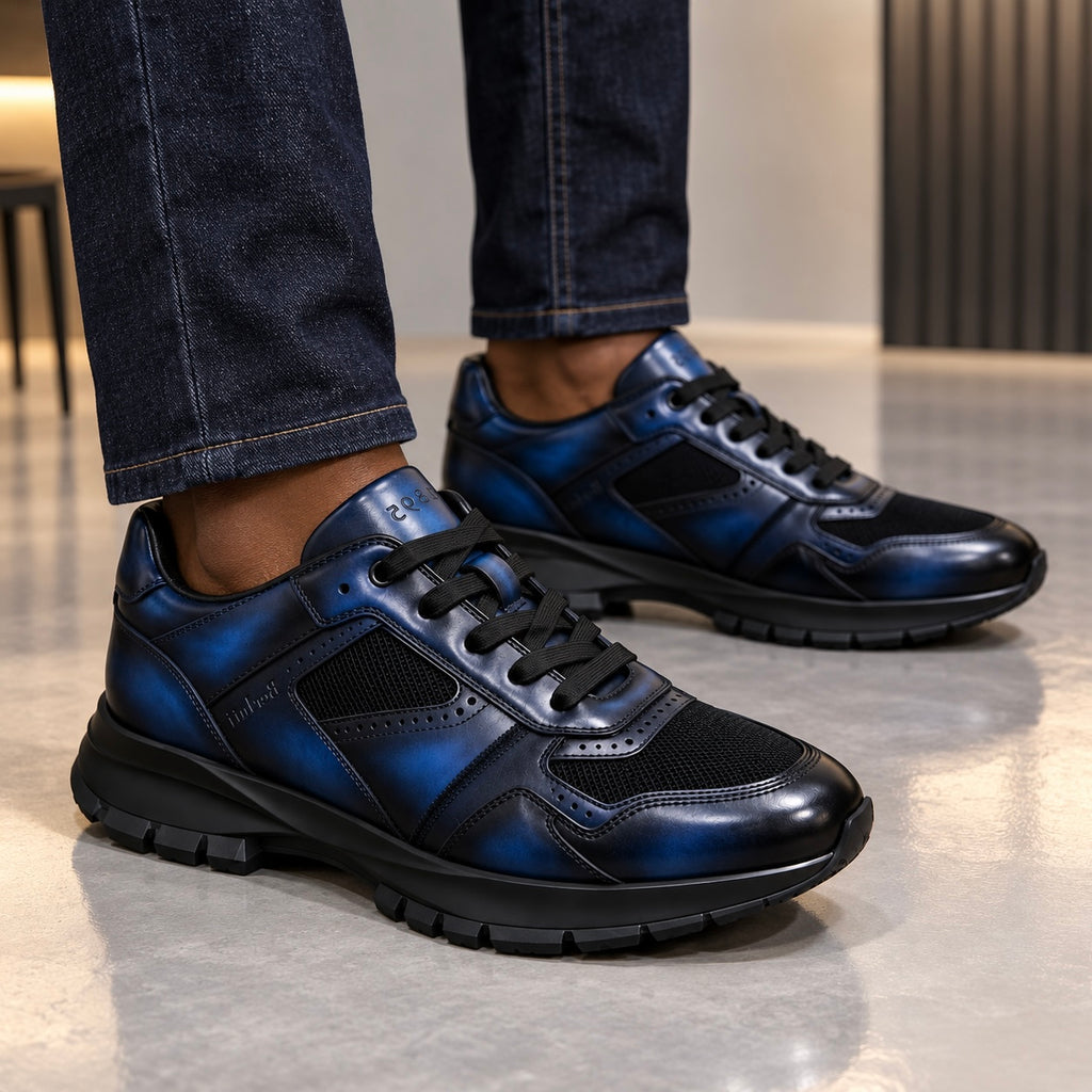 Sneaker Bleu cuir/maille- semelle noir