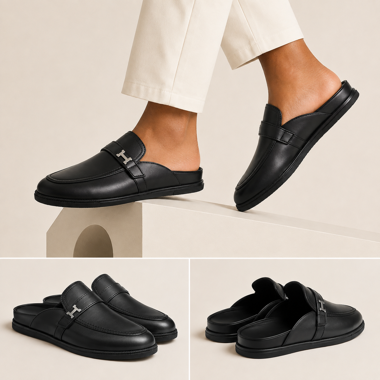 Babouche H en cuir Noir