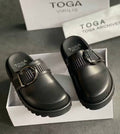 Sabots Mules en Cuir à Boucle Western – Noir